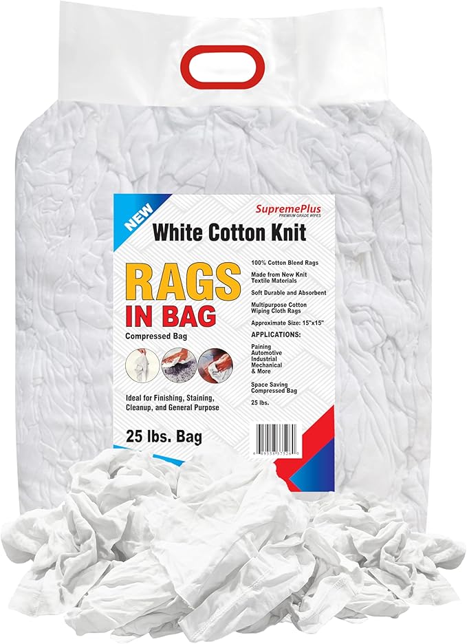 Premium White T-Shirt Cleaning Rags (25 lbs. Bag of Rags) – White Cotton Rag for Cleaning, Staining, Painting, Oil, Grease & Dust Removal – Shop rag Bulk