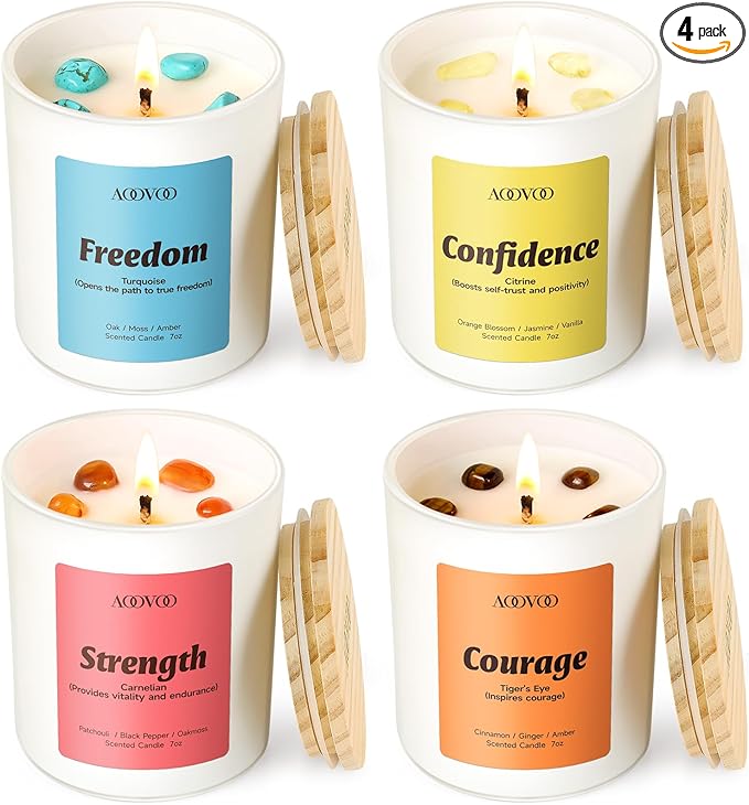 AOOVOO Empower Candles Set for Women - 4 Pack Candles for Home Scented, 28 oz 200 Hour Burn, Aromatherapy Candle with Crystals, Freedom Turquoise/Confidence Citrine/Strength Carnelian/Courage