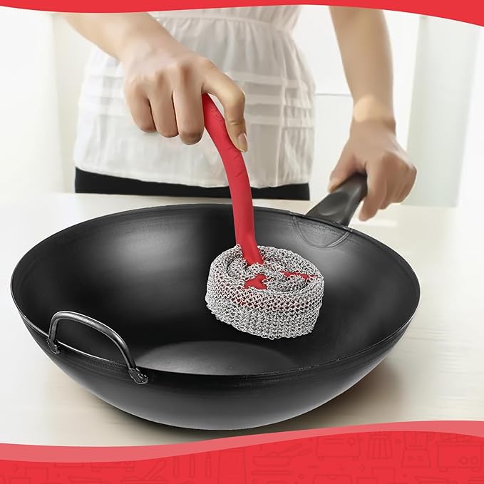 Cast Iron Chainmail Scrubber with Handle （ABS） - Cleaner for Pans and Pots - Premium Stainless Steel/Silicone Scraper for Skillets - Ergonomic Food-Safe Design - Easy to Clean Cookware Dish Brush