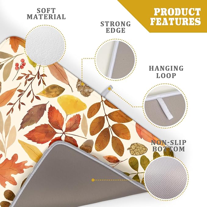 Fall Dish Drying Mat for Kitchen Counter 24x18 Inch Watercolor Autumn Maple Leaf Drying Mat with Absorbent Reversible Microfiber Dish Drainer Mats Rack Pad for Coffee Bar Countertop Protector