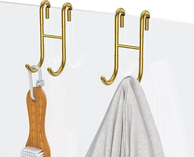 304 Stainless Steel Shower Door Hooks, Gold, 2 Pack Over Shower Glass Door Hook, Rack Hooks, Frameless, Bathroom Hanger, Drilling-Free, Glue-Free, Towel Hooks for 0.47inch Thickness Glass