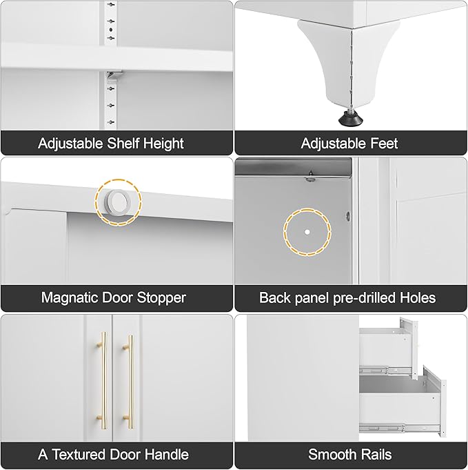 Metal Storage Cabinet with Doors and Shelves, 90" Tall Kitchen Pantry Storage Cabinets with 2 Drawer, White Pantry Closet, Steel Large Cupboard, High Leveling Feet- Assembly Required