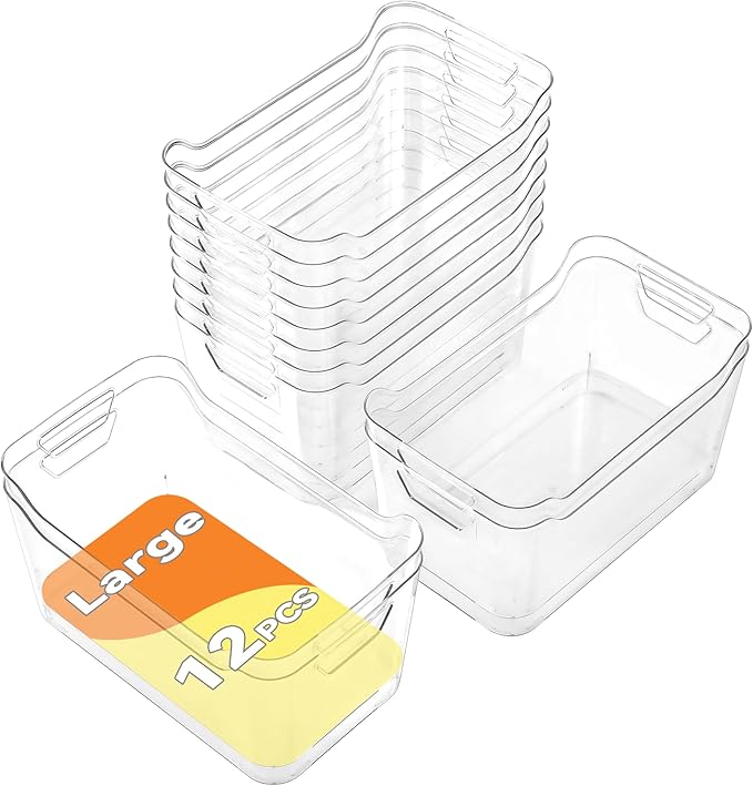 AntStep Clear Plastic Storage Bins - 12 Pack Pantry Organizers and Storage,Large Clear Pantry Organizer Bins, Plastic Containers with Handle for Kitchen,Freezer,Cabinet,Closet,Bathroom Under Sink