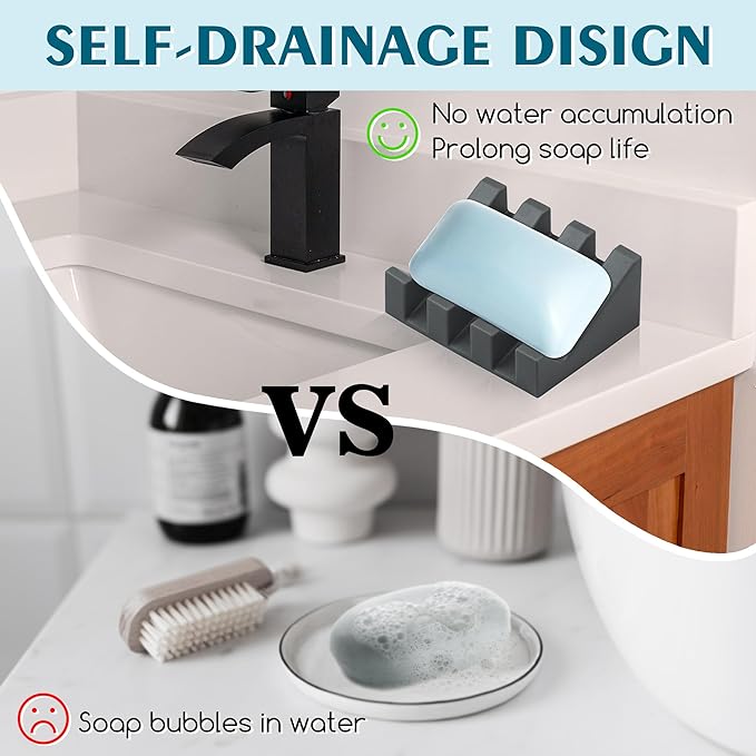 Silicone Soap Dish with Drain, Upgrade Double Suction Cups at The Bottom for Anti-Slip and Stability, Soap Dish Shower Waterfall Bar Soap Holder Tray with Drain Soap Holder (3, Grey)