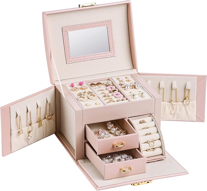 CASEGRACE Jewelry Box Organizer for Women Girls, Three Layer Jewelry Storage Box with Mirror PU Leather Jewelry Display Case for for Bracelets, Earrings, Rings, Necklaces,Pink
