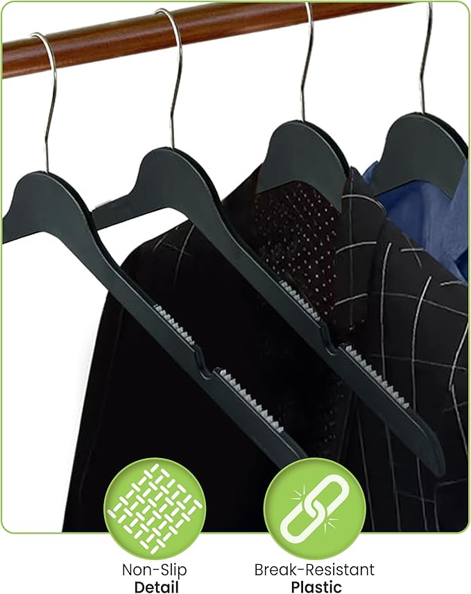 All Hung Up Plastic Hangers Slim, Non Slip Space Saving Clothes Hangers for Closet Organization, Durable Notched Plastic Coat Hangers for Shirts, Dresses & Jackets, Black, 18 Pack