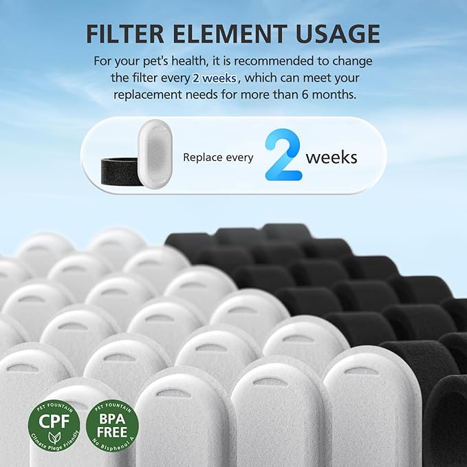 32 Pack Cat Water Fountain Filters for 108/3.2L& 67oz/2L Stainless Steel Pet Water Dispenser Cat/Dog Fountain Filter Replacement(16 Filters & 16 Sponges)