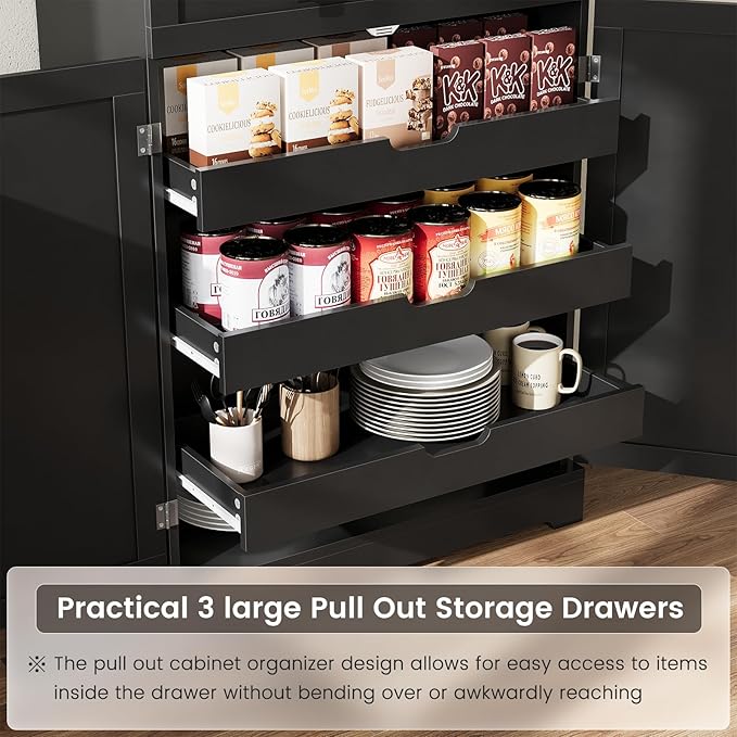 ELYKEN 72" Pantry Cabinet, Black Farmhouse Tall Kitchen Storage Cabinet with Drawer, Sliding Rack & Door Shelf for Spice Snacks Canned, Dining Room Kitchen