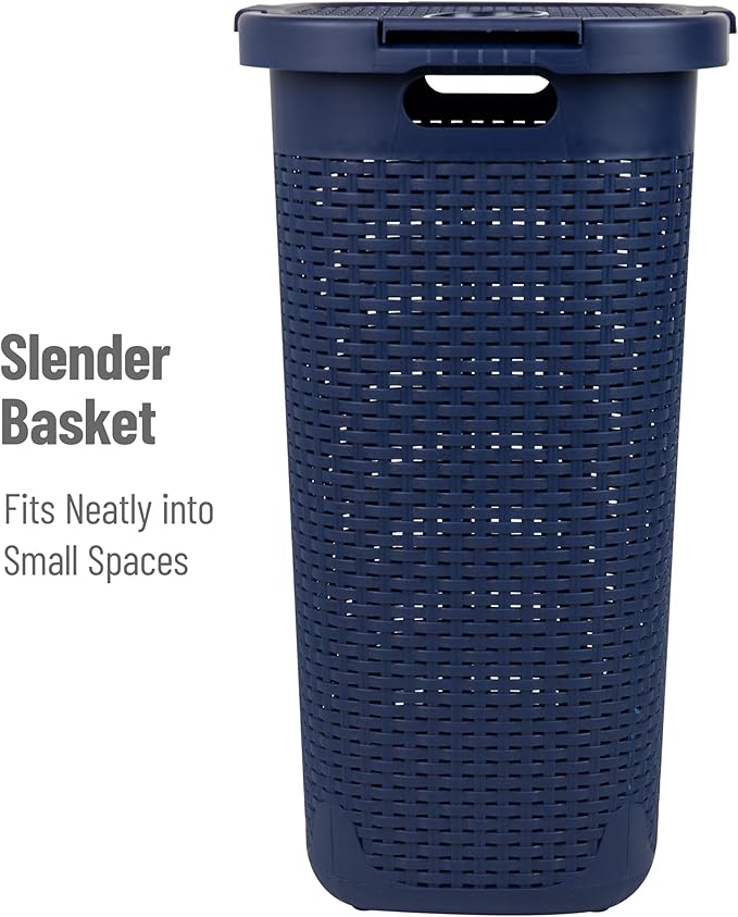 Mind Reader Slim Laundry Hamper with Lid, 60L Clothes Basket, Premium Wicker Design, Plastic, Navy