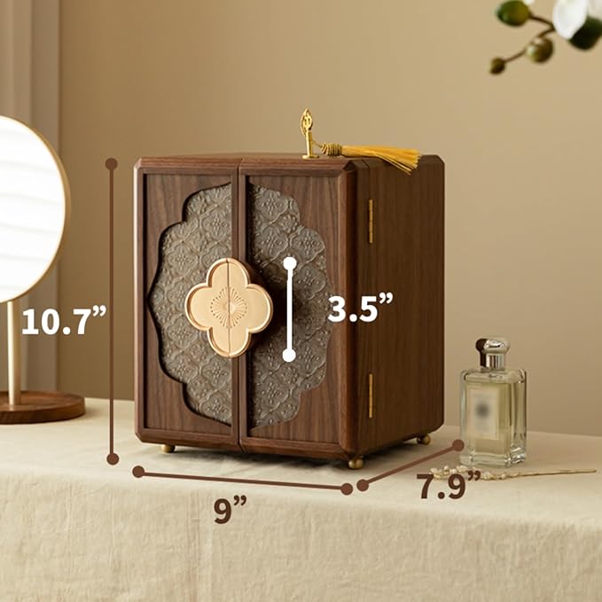 Kinsuite Black Walnut Jewelry Box - 5-tier Jewelry Organizer with Secure Double-Door, Safe with Lock for Earring, Ring, Necklace, Bracelets