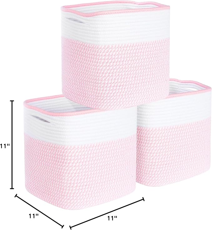 MINTWOOD Design 3-Pack 11x11 Inch Cube Storage Bin, Woven Storage Cube Organizer, Closet Organizer, Cute Square Storage Bins, Decorative Classroom Bathroom Pantry and Shelf Baskets, Light Pink