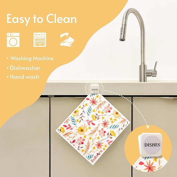 Eulnars Swedish Dishcloths for Kitchen, 8 Pack Watercolor Reusable Paper Towels with Clips, Non-Scratch Swedish Kitchen Towels, Super Absorbent Cellulose Sponge Cloths, Dishwasher Safe, No Odor