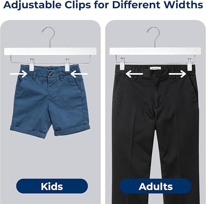 SereneLife 10 Pack Skirt and Pant Hanger with Adjustable Non-Slip Steel Clips, Premium Wooden, 360° Swivel Hook & 10 lb Capacity – Space-Saving Heavy-Duty Hangers for Jeans, Shorts & Slacks (White)