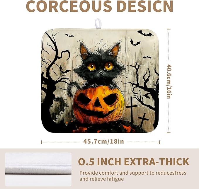 Wnoesat Black Cat Halloween Kitchen Dishes Drying Mat 16x18 Inch Halloween Fall Pumpkin Bat Dish Drying Mats for Kitchen Counter Absorbent Microfiber Dish Rack Mat Drainer Pad for Coffee Bar Sinks