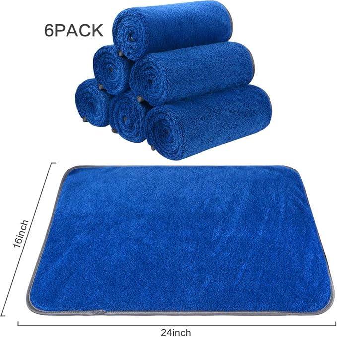 SINLAND Microfiber Car Drying Towels Ultra Absorbent,No Streaks,Scratches, or Water Spots,Wash Cleaning Auto Detailing Towels 380gsm 16inch x 24inch 6Pack Blue