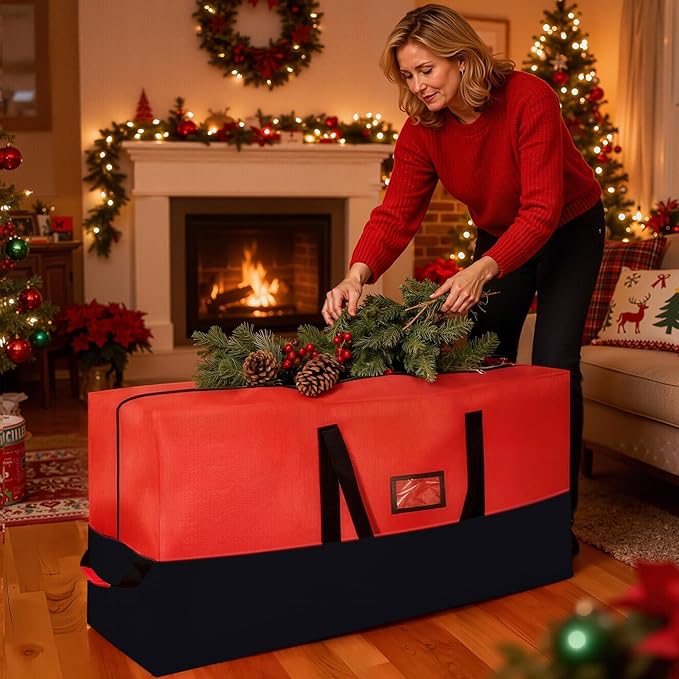 Heavy Duty Christmas Tree Storage Bag for Trees Up to 9ft – Waterproof, 600D Durable Zipper & Handles, Holiday Storage Solution (Black&Red)
