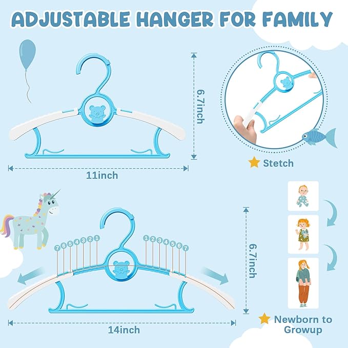 30 Pack Kids Hangers for Nursery Closet, Adjustable Non-Slip Toddler Baby Hangers with Windproof Buckle, 11-14" Infant Child Plastic Clothes Pant Hanger for Boys Girls Newborn Adult, Blue