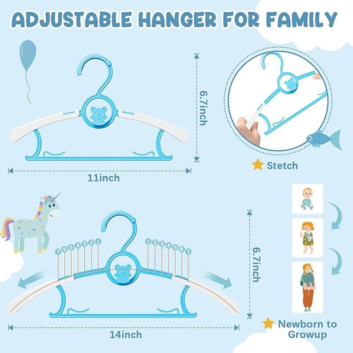 50 Pack Kids Hangers for Nursery Closet, Adjustable Non-Slip Toddler Baby Hangers with Windproof Buckle, 11-14" Infant Child Plastic Clothes Pant Hanger for Boys Girls Newborn Adult, Blue