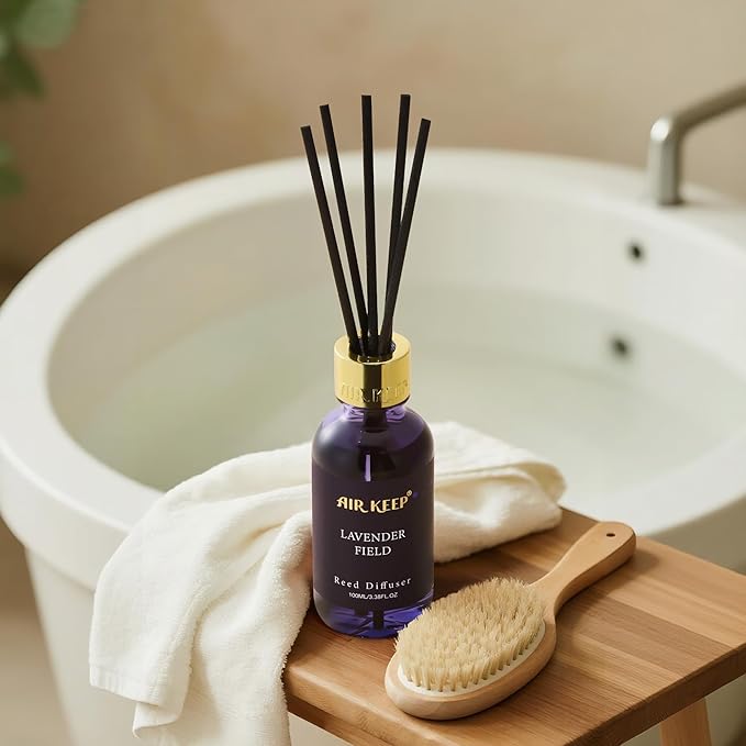 Airkeep Reed Diffuser Set, 3.38 fl oz (100 ml) - Lavender Field Oil Diffusers with 8 Reed Sticks, Home Fragrance Reed Diffuser for Bathroom Shelf Decor