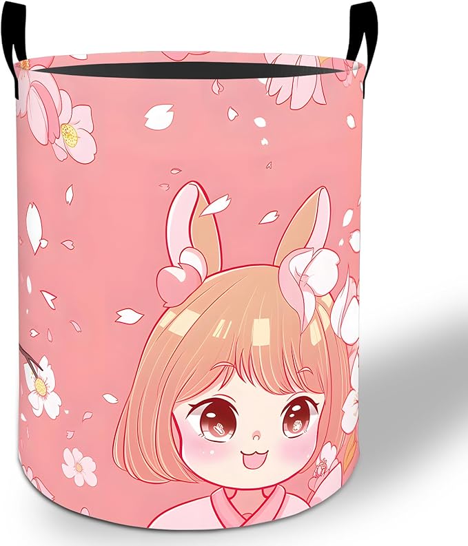 Anime Girl Laundry Basket Hamper 19.7"x15.8", Cherry Blossom Foldable Waterproof Oxford Clothes Storage Bucket for Room Bathroom Bedroom Nursery Decor, Toy Organizer Bins Gifts for Kids Boys Girls