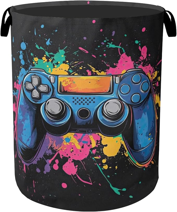 Laundry Basket, Dirty Clothes Basket, Gamers Controller Foldable Canvas Laundry Hamper with Handles - Toy Organizer, Heavy Duty for Home, Bedroom, Dorm, Bathroom