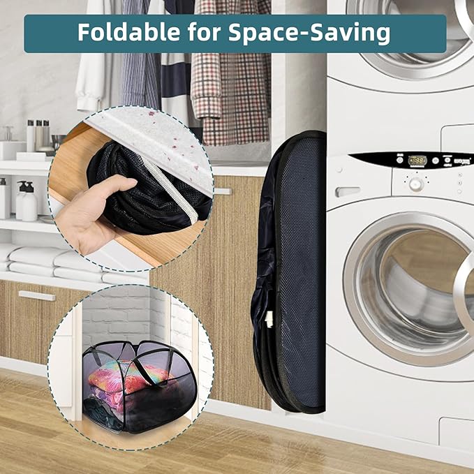 Collapsible Laundry Baskets, 90L Large Foldable Laundry Basket, Durable Mesh Pop Up Hampers for Laundry, Dirty Clothes Laundry Hamper for Bedroom, Bathroom, Dorm, Laundry Room, Travel, Camping Black