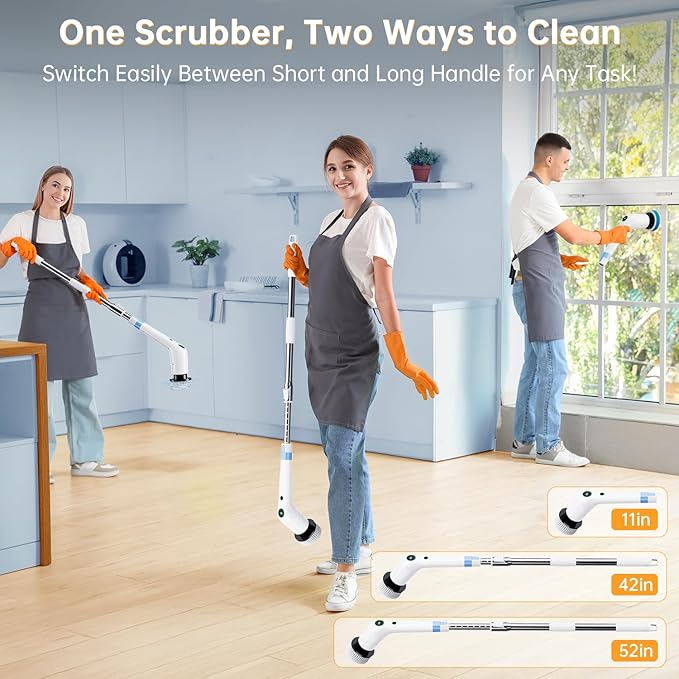 PUFTEM Electric Spin Scrubber, Cordless Shower Scrubber with 8 Scrub Brush, 2 Speed with Adjustable Extension Handle, Battery Level Display, Power Scrubber for Bathroom Bathtub Tile Floor, White