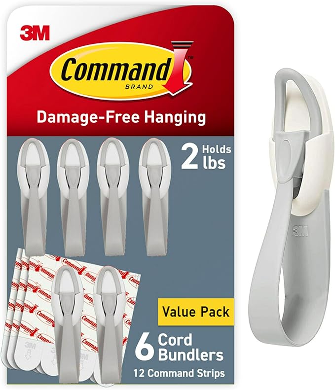 Command Cord Bundlers, Damage-Free Hanging Cord Organizer, No Tools Cord Bundler for Hanging Electrical Cables of Christmas Decorations, 6 Gray Cord Bundlers and 12 Command Strips
