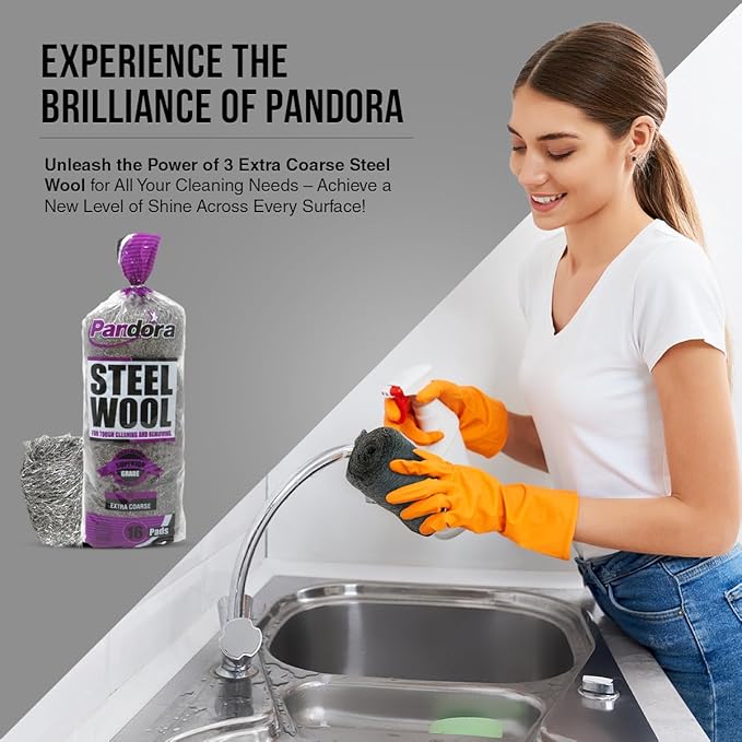 Pandora Steel Wool #3 – Extra Coarse Grade, 16 Pads for Tough Cleaning and Removing - Quality Metal Strands - Ideal to Remove Rust, Grime, and Stubborn Stains