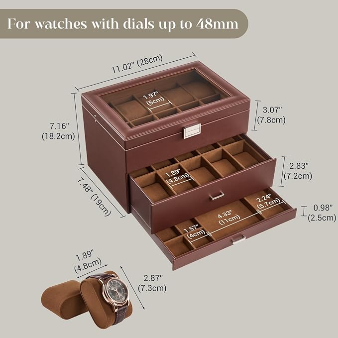 ProCase 20 Slot Watch Box for Men, 3-Layer Watch Display Case with Glass Lid, Watch Holder with Drawer, Jewelry Storage Organizer for Watches Straps Rings -Brown