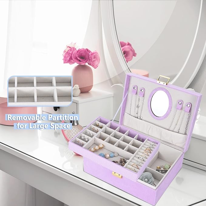 Dajasan Girl's Jewelry Box, Jewelry Organizer Box with Mirror, Velvet Jewelry Box for Little Girls Kids, Jewelry Gift Box for Christmas, Birthday, New Year (Purple)