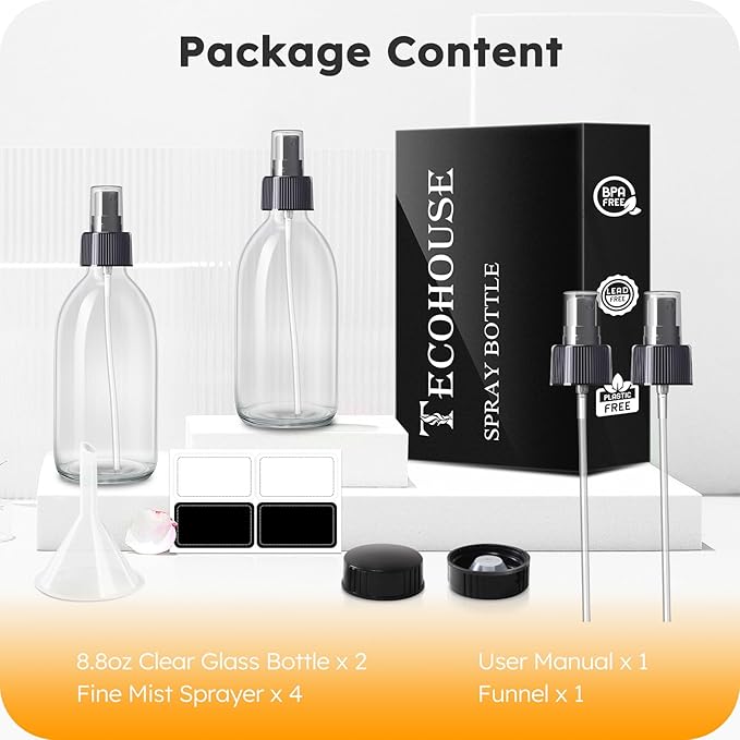 Tecohouse 2 Pack Glass Spray Bottles, 250ml Small Glass Bottles for Cleaning Solutions, Spray Bottles for Essential Oils, Plants, with Durable Nozzle, Labels, Funnel - Clear