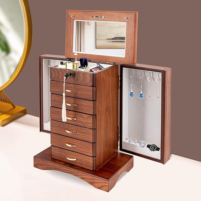 Jewelry Box for Women with Mirror, 7 Layers Jewelry Organizer 5 Drawers Jewelry Case with Side Organizer for Watches Necklace Ring Storage (Walnut)