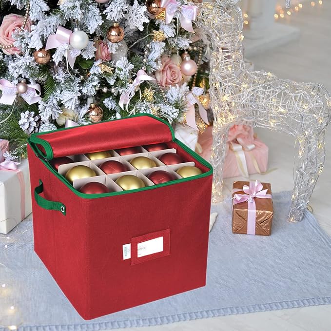 ProPik Christmas Ornament Storage Box, 4 Tier Holds Up to 64 Holiday Ornaments Decoration Balls, Storage Container with Dividers for 3” Bulbs, Made with Durable Oxford Polyester Material (Red)