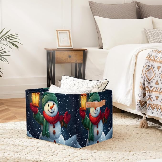 Storage Baskets Bin, Christmas Winter Snowman Collapsible Canvas Fabric Storage Bin Decorative Baskets Toy Organizer Rectangle Storage Boxes with Handles for Home Shelves Nursery, J-014