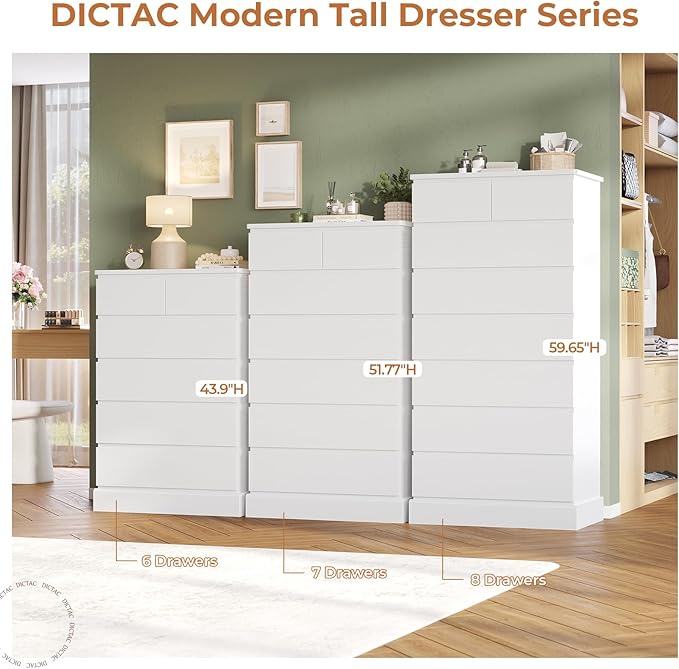 DICTAC White Tall Dresser for Bedroom with 8 Drawers, 59.6" Tall Dressers & Chests of Drawers, Modern Wood Closet Organizer and Storage Cabinet, Large Vertical Dresser for Bedroom, Closet, Hallway