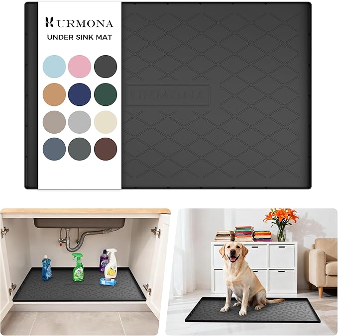 URMONA Under Sink Mat for Kitchen Waterproof, 34" x 19" Silicone Under Sink Mat for Shelf Liner Organizer, Cabinet Sink Protector Under Sink Liner for Bottom Kitchen, Bathroom(Black)