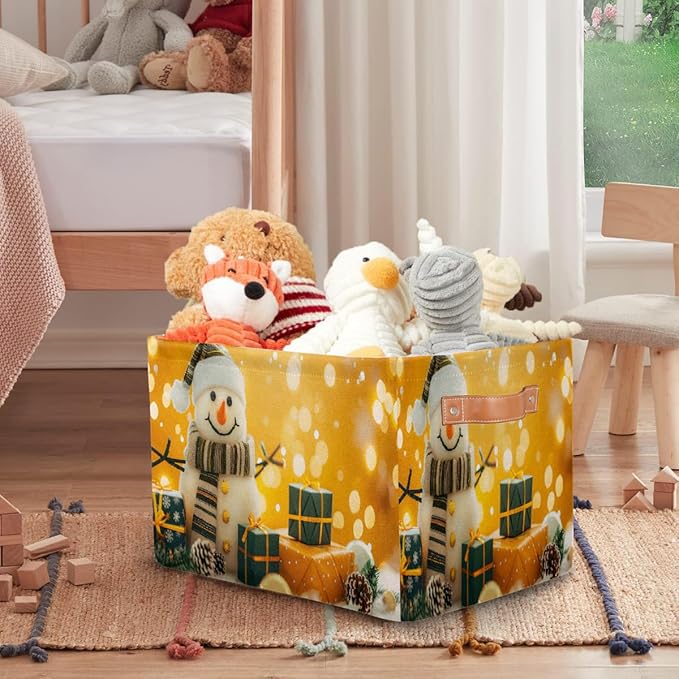 Storage Baskets Bin, Christmas Winter Snowman Collapsible Canvas Fabric Storage Bin Decorative Baskets Toy Organizer Rectangle Storage Boxes with Handles for Home Shelves Nursery, J-017