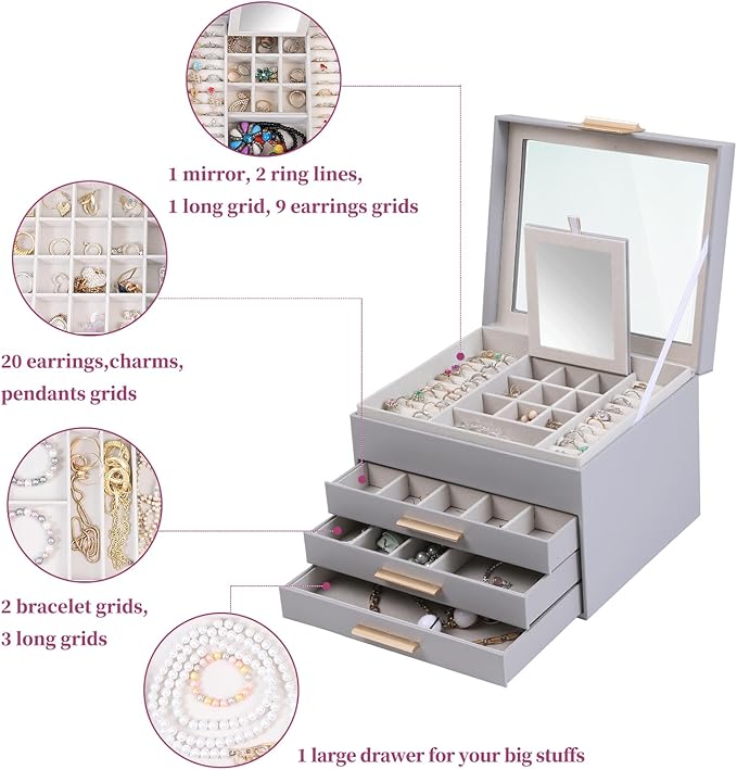 BOOVO Clear Lid Jewelry Box,4 Layers Jewelry Organizer Large Jewelry Storage Box with 3 Drawers,Jewelry Holder Organzier of Rings Earrings Necklace Bracelets for Women (Grey, 4 Layer)