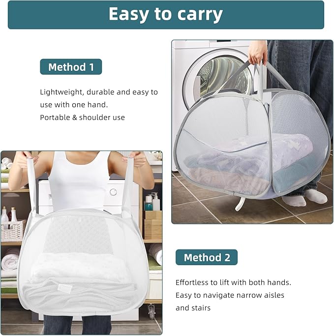 Bemkoo Collapsible Laundry Basket, 90L Large Foldable Mesh Pop Up Hamper for Laundry, Dirty Clothes, Bedroom, Bathroom, Dorm, Laundry Room, Travel, Camping, White