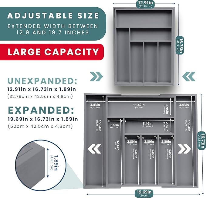 Sben Expandable Drawer Organizer for Utensils Holder, Adjustable Cutlery Tray, 6-8 Slots, Premium Wood Drawer Dividers Organizer for Silverware, Flatware, Knives for Kitchen (Gray)