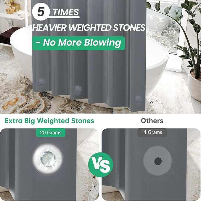 AmazerBath Dark Grey Shower Curtain Plastic, PEVA Shower Curtain Heavy Duty, Gray Shower Curtains for Bathroom, Waterproof Shower Curtain 72x72 with 3 Big Weighted Stones and 12 Rustproof Grommets