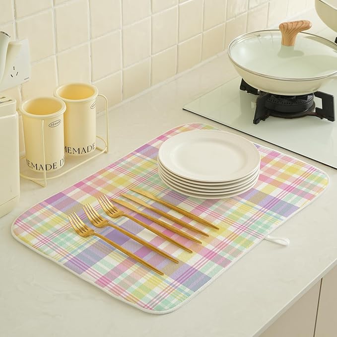 Easter Dish Drying Mat 18 x 24 Inch Spring Pink Yellow Purple Buffalo Plaid Drying Mat for Kitchen Counter Absorbent Spring Easter Checkered Dishes Dry Pad for Drainer Rack Kitchen Fast Dry