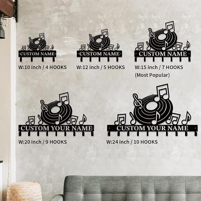 Personalized Custom Music Wall Hooks,Metal Music Room Art Clothes Hooks,Metal Music Wall Home Storage Decorative,For Front Door, Hallway, Kitchen, Bedroom,Keys,Hats (Style A)
