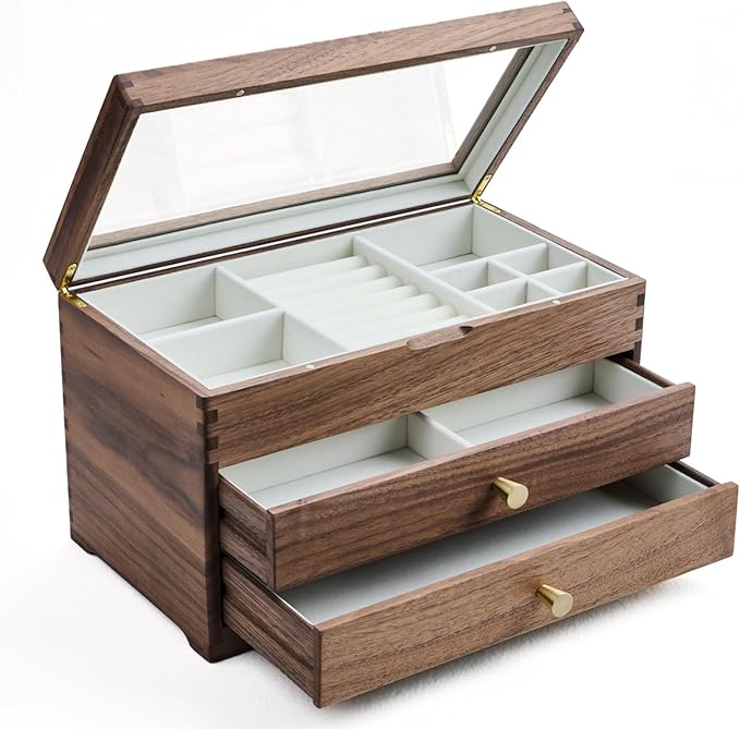 Beexchange Black Walnut Wooden Jewelry Box - Allwood, Handcrafted, Glass Lid 2 drawer. Gift for Women, Men, and Girls. large Jewelry Organizer Storage.(Triple-Layer)
