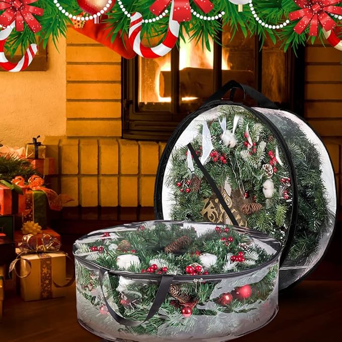 ProPik Christmas Wreath Storage Bag 30" - 2 Pack Clear Christmas Wreath Storage Container- Garland Holiday Artificial Wreath Storage Holder –Water Proof Transparent Clear PVC (30 Inch, Black)