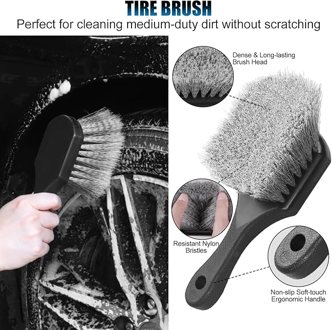 8Pcs Wheel Brush, Tire Brush, Wheel Cleaner Brush Set - 2 Soft Wheel Cleaning Brushes, Detailing Brush & Hard Tire Scrubber, Flexible and Durable Rim Cleaning Brush Kit for Wheels and Tires