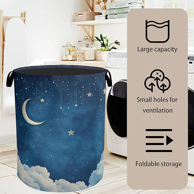 Starry Stars Moon Laundry Basket - Foldable Canvas Laundry Hamper with Handles, Heavy Duty Clothes Storage Basket for Home/Bedroom/Dorm