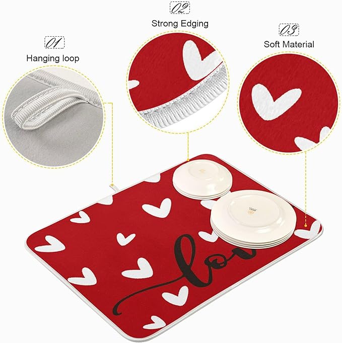 Happy Valentine's Day Dish Drying Mat for Kitchen Red White Love Heart Microfiber Drying Mats Absorbent Reversible Dish Pad Large Dish Draining Mat 18x24 inch