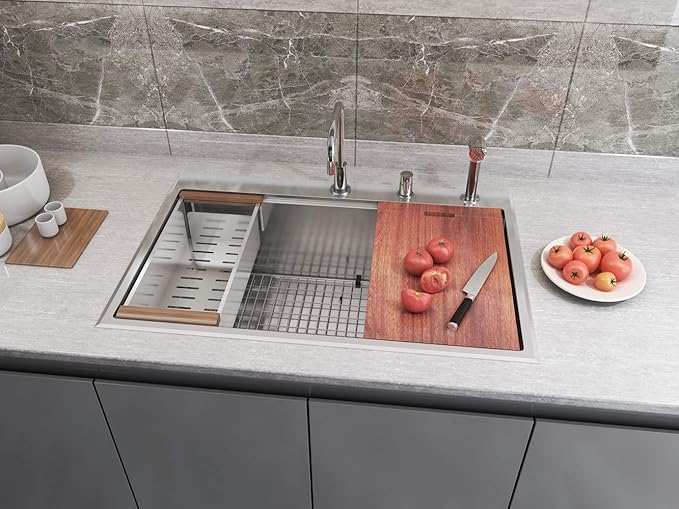 36” x 22” Workstation Topmount/Drop-in Stainless Steel Sink, 16-Gauge Bowl, 15mm Radius Corners, Accessories Includes Bottom Protective Grid, Dish Rack, Colander, Strainer & Cutting Board